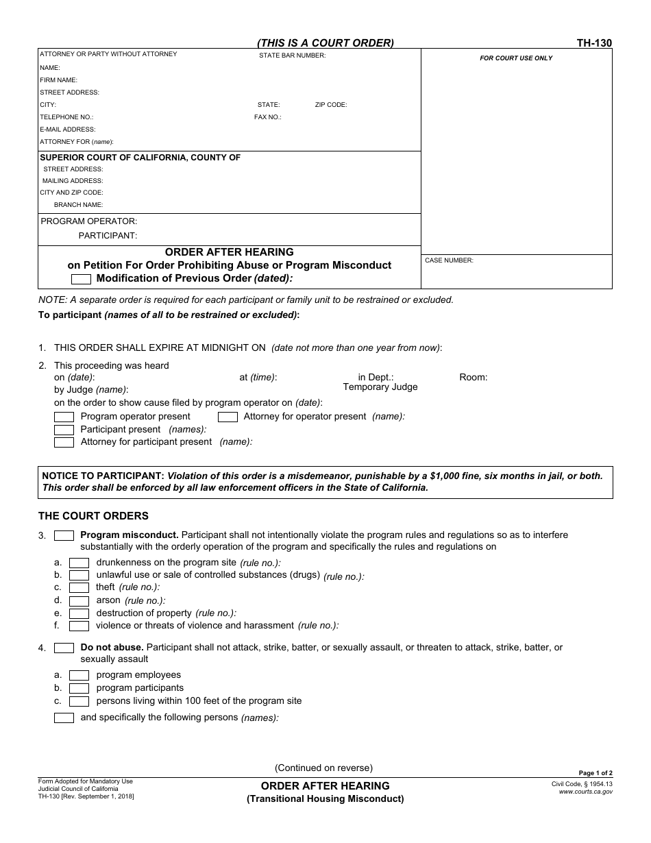 Form TH-130 Order After Hearing (Transitional Housing Misconduct) - California, Page 1