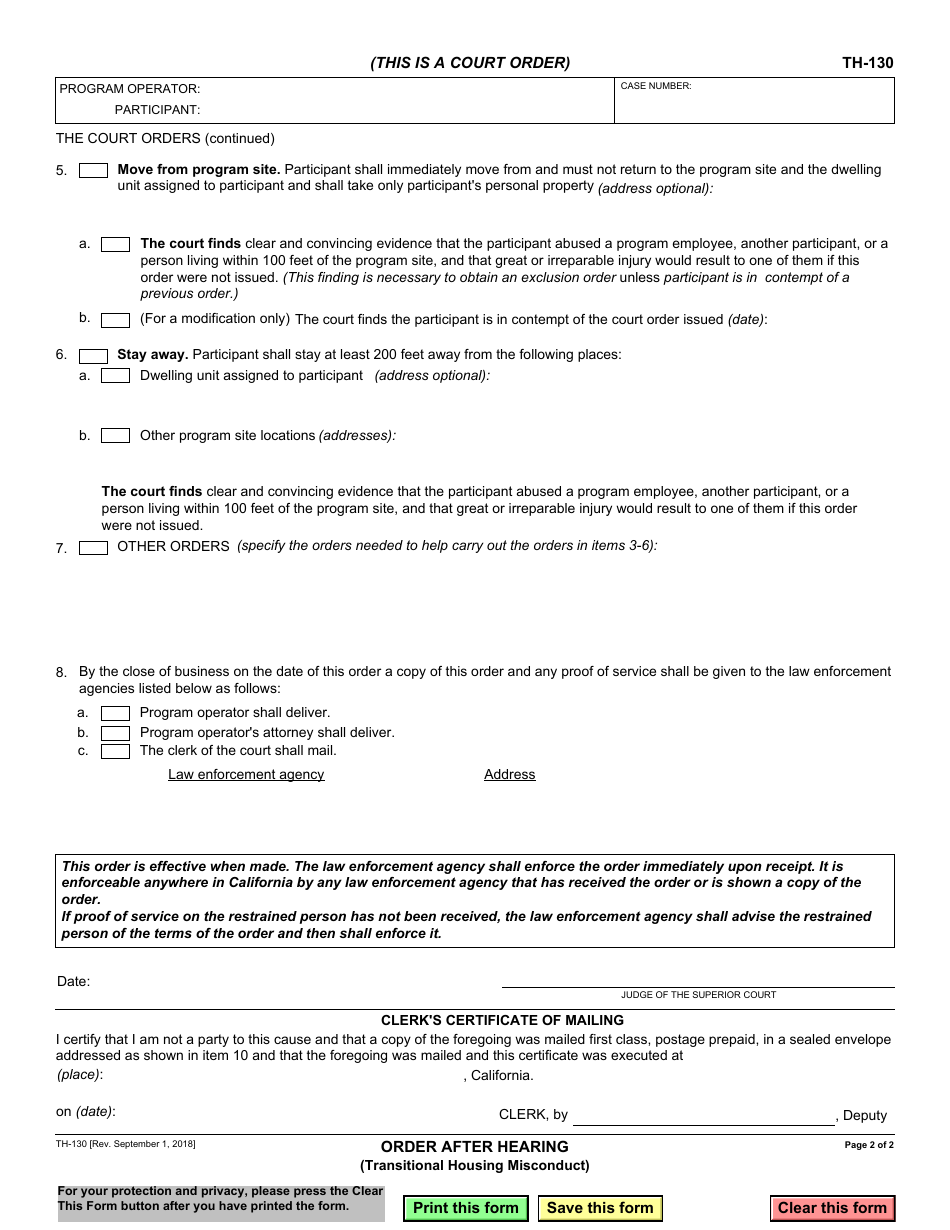 Form TH-130 Order After Hearing (Transitional Housing Misconduct) - California, Page 2