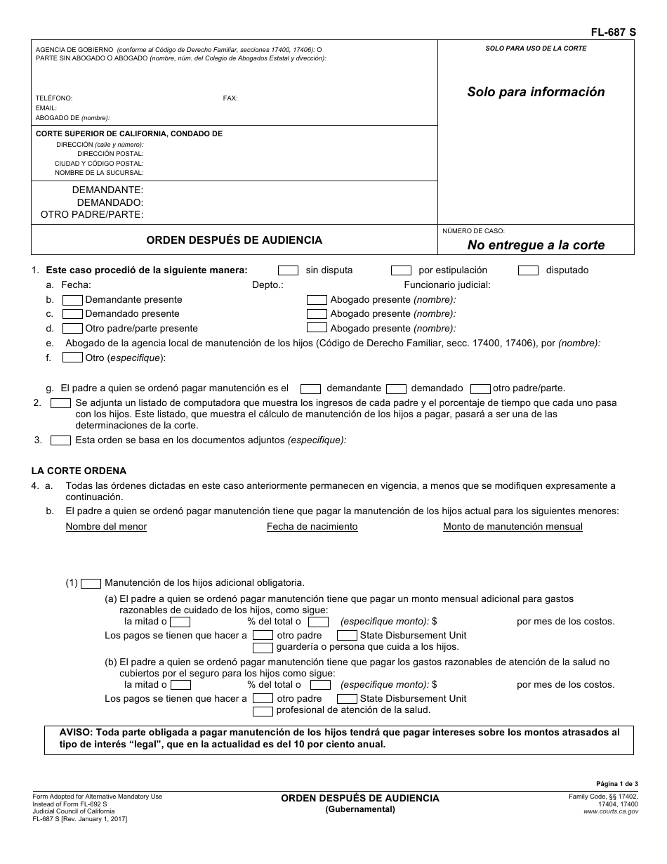 Formulario FL-687 S Orden Despues De Audiencia - California (Spanish), Page 1