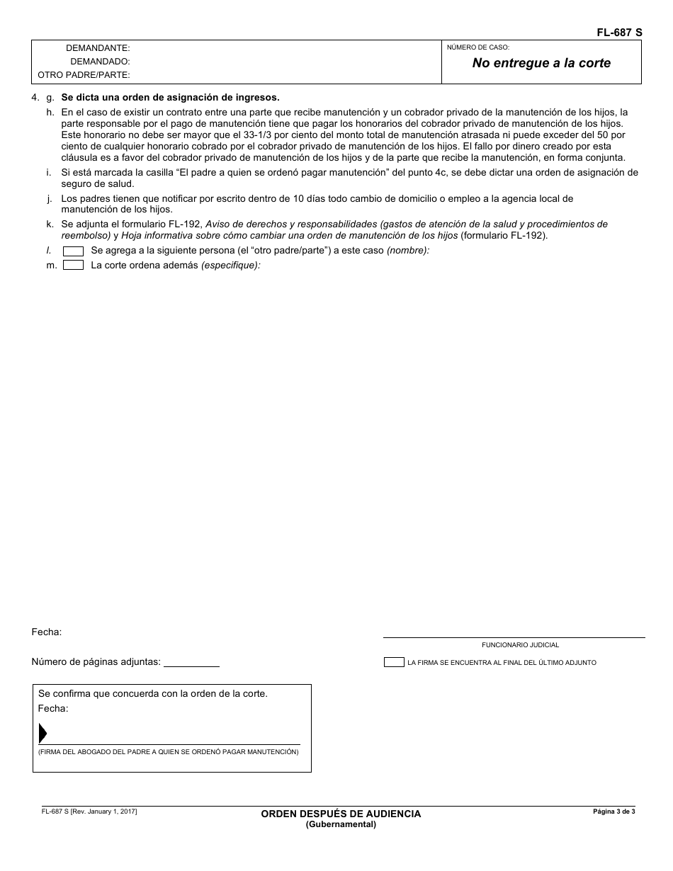 Formulario FL-687 S Orden Despues De Audiencia - California (Spanish), Page 3