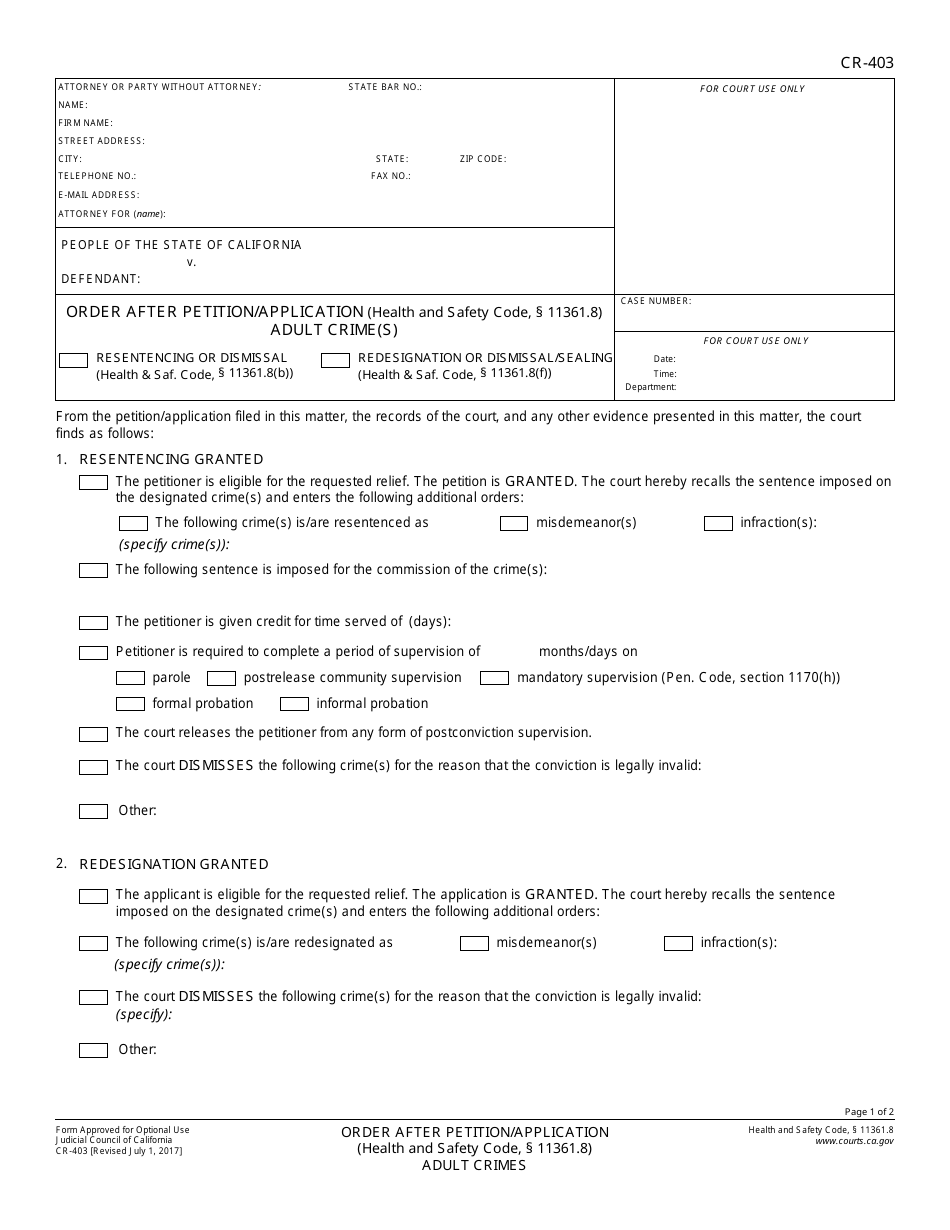 Form CR-403 Order After Petition / Application (Health and Safety Code 11363.8) Adult Crimes - California, Page 1