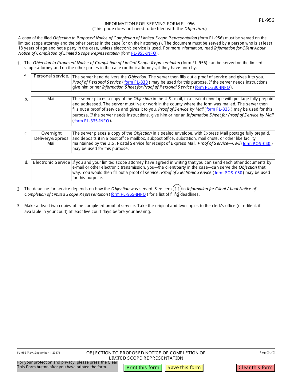 Form FL-956 Objection to Application to Be Relieved as Counsel Upon Completion of Limited Scope Representation - California, Page 2