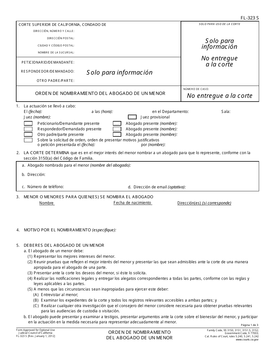 Formulario FL-323 S Orden De Nombramiento Del Abogado De Un Menor - California (Spanish), Page 1