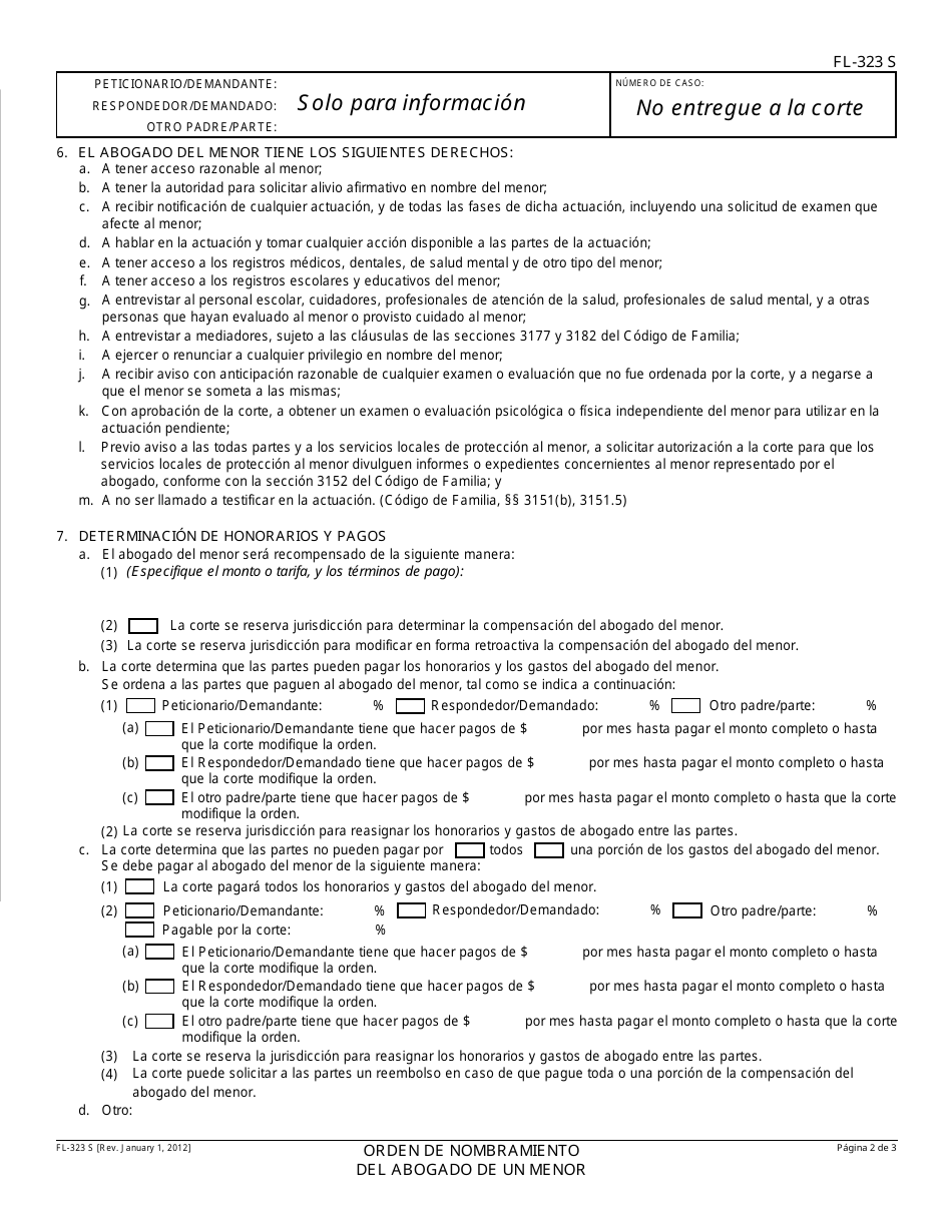 Formulario FL-323 S Orden De Nombramiento Del Abogado De Un Menor - California (Spanish), Page 2