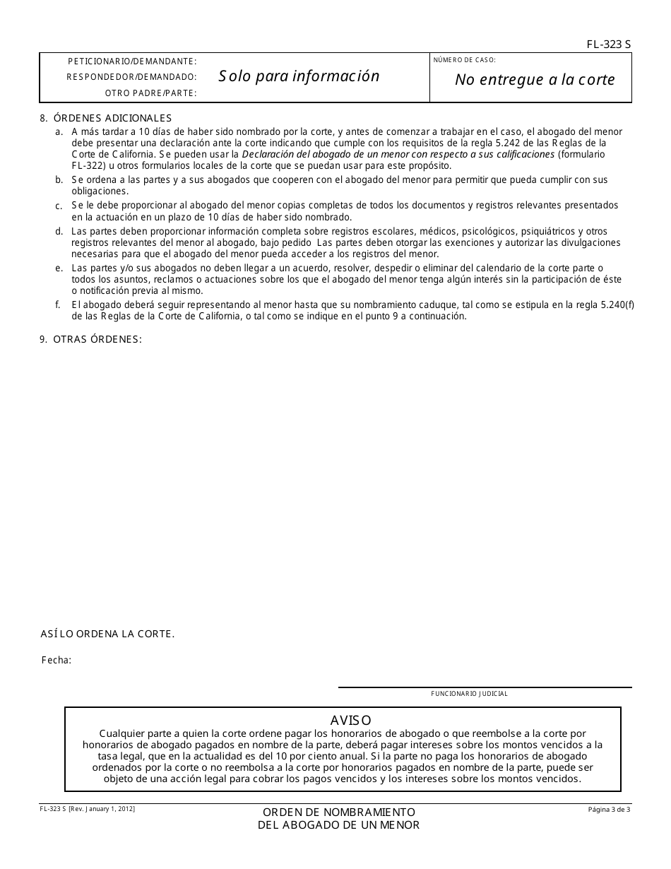 Formulario FL-323 S Orden De Nombramiento Del Abogado De Un Menor - California (Spanish), Page 3