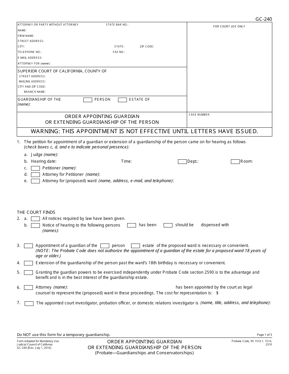 Form GC-240 Order Appointing Guardian or Extending Guardianship of the Person - California, Page 1