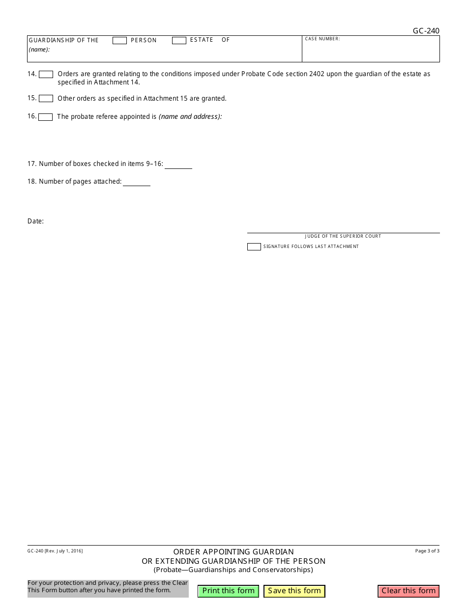 Form GC-240 Order Appointing Guardian or Extending Guardianship of the Person - California, Page 3