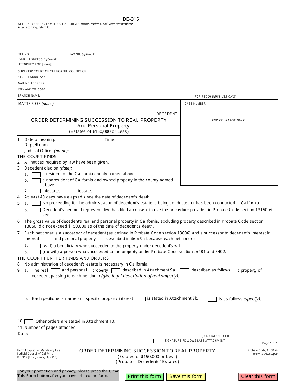 Form DE-315 Order Determining Succession to Real Property (Estates of $150,000 or Less) - California, Page 1