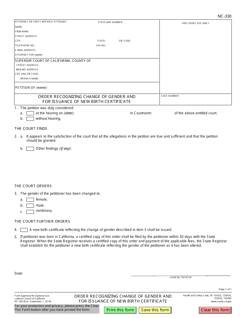 Form NC-330 Order Recognizing Change of Gender and for Issuance of New Birth Certificate - California, Page 1