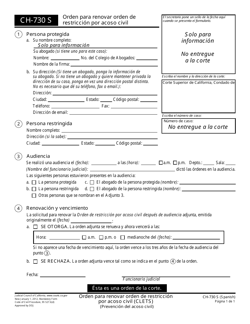 Formulario CH-730 S Orden Para Renovar Orden De Restriccion Por Acoso Civil - California (Spanish), Page 1