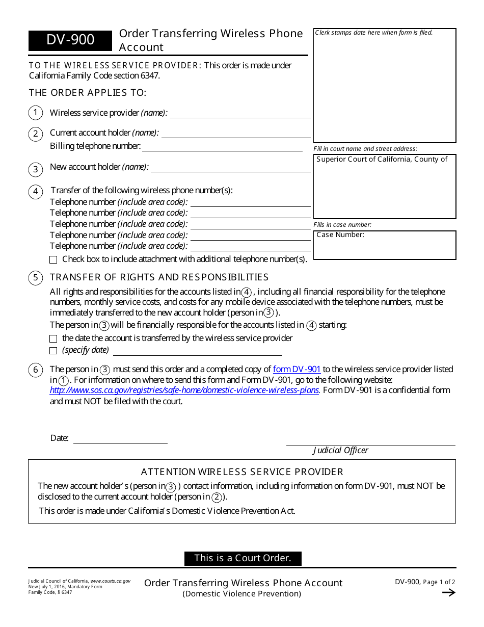 Form DV-900 Order Transferring Wireless Phone Account - California, Page 1