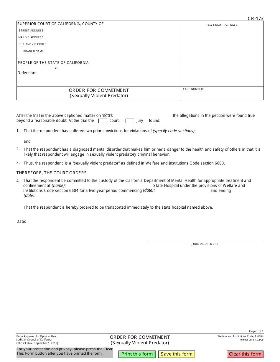 Form CR-173 Order for Commitment (Sexually Violent Predator) - California, Page 1
