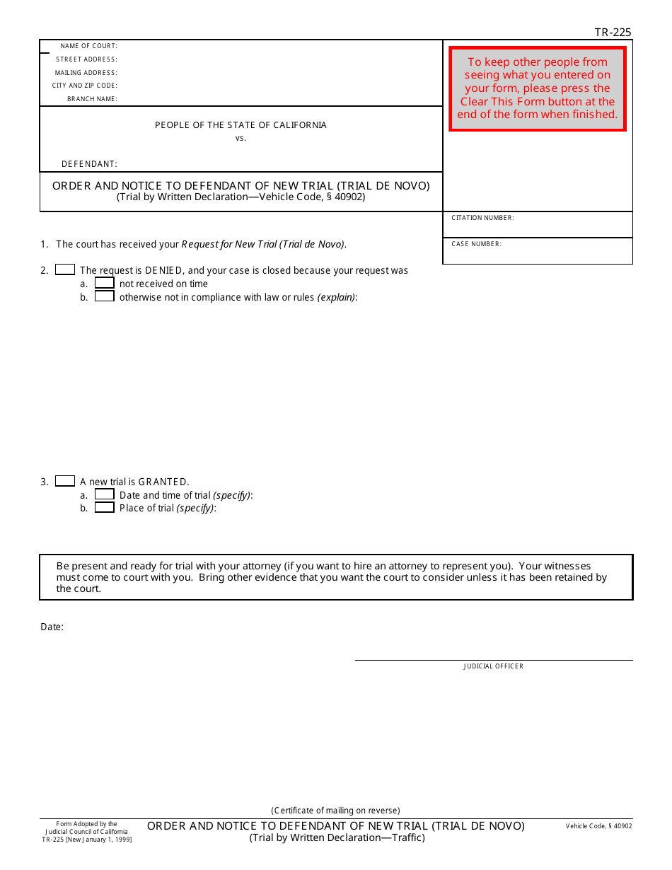 Form TR-225 Order and Notice to Defendant of New Trial (Trial De Novo) - California, Page 1