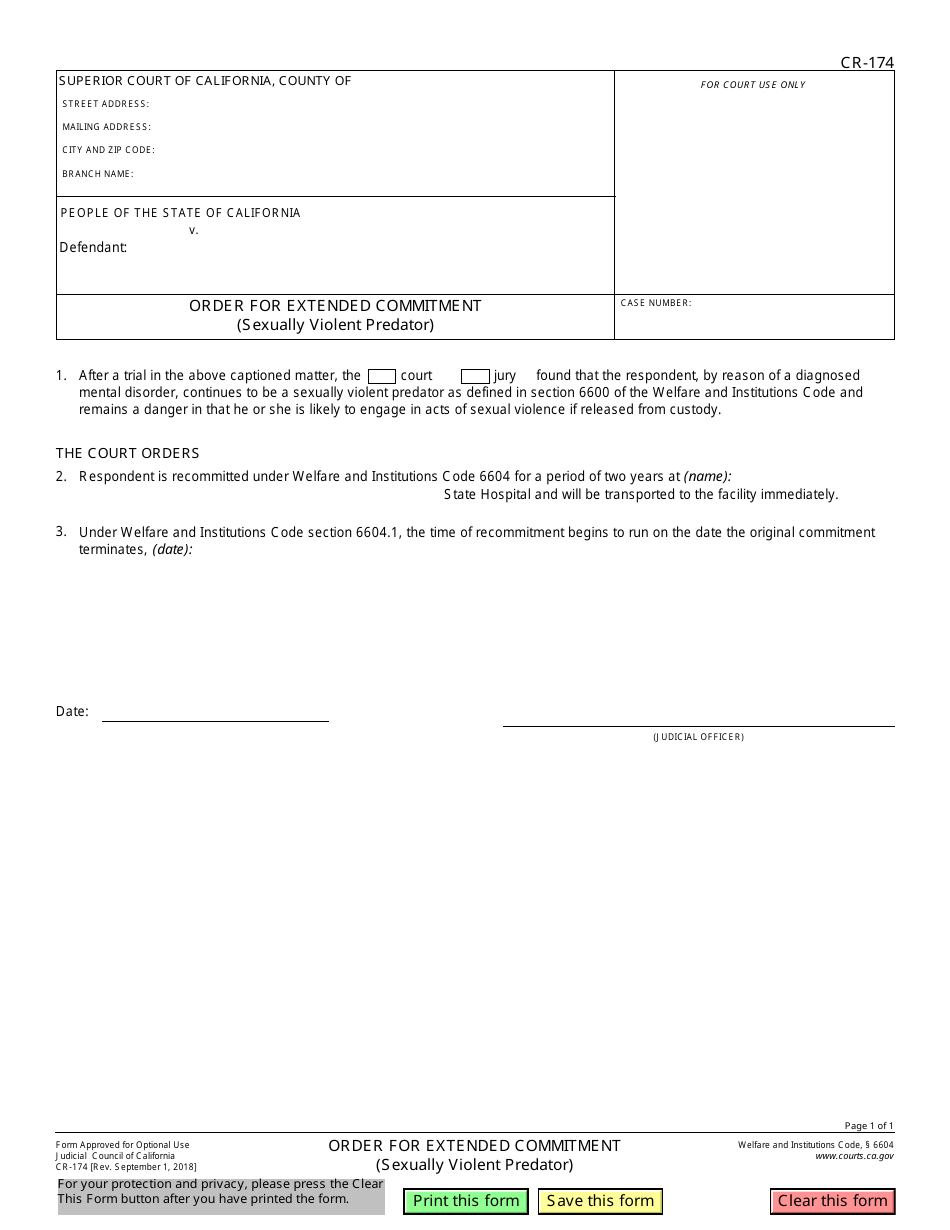 Form CR-174 Order for Extended Commitment (Sexually Violent Predator) - California, Page 1