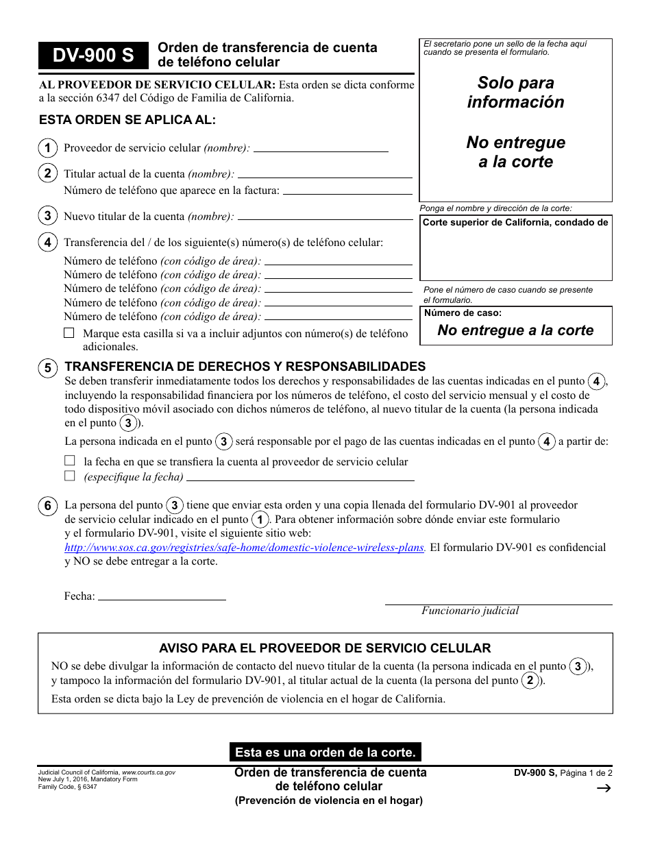 Formulario DV-900 S Orden De Transferencia De Cuenta De Telefono Celular - California (Spanish), Page 1