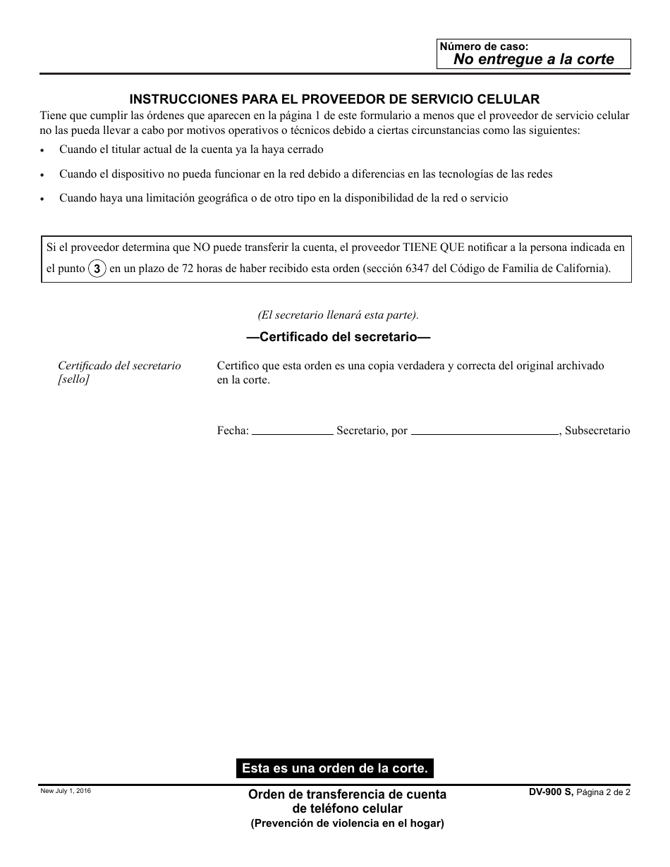 Formulario DV-900 S Orden De Transferencia De Cuenta De Telefono Celular - California (Spanish), Page 2