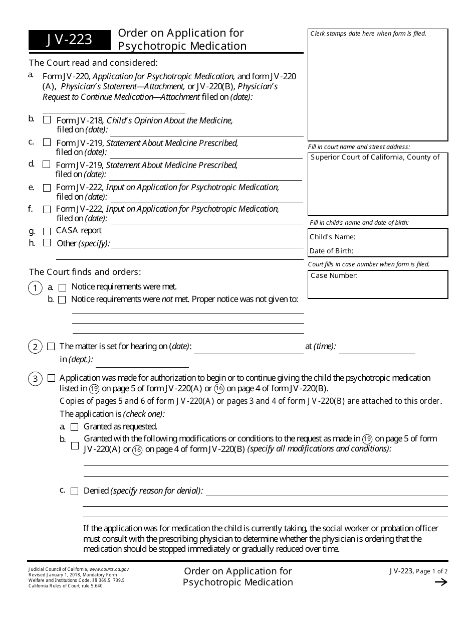 Form JV-223 Order on Application for Psychotropic Medication - California, Page 1