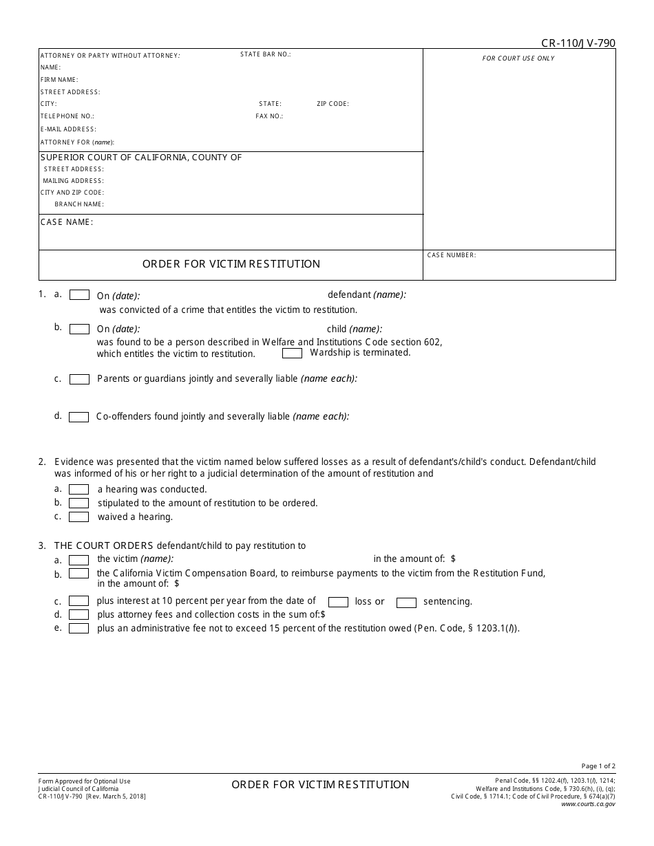 Form CR-110 (JV-790) Order for Victim Restitution - California, Page 1