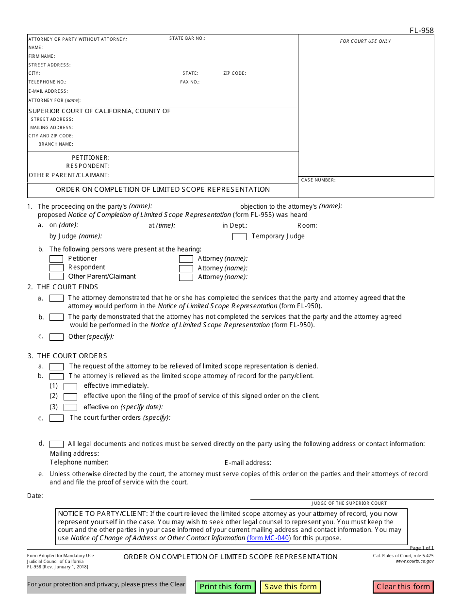 Form FL-958 Order on Completion of Limited Scope Representation - California, Page 1