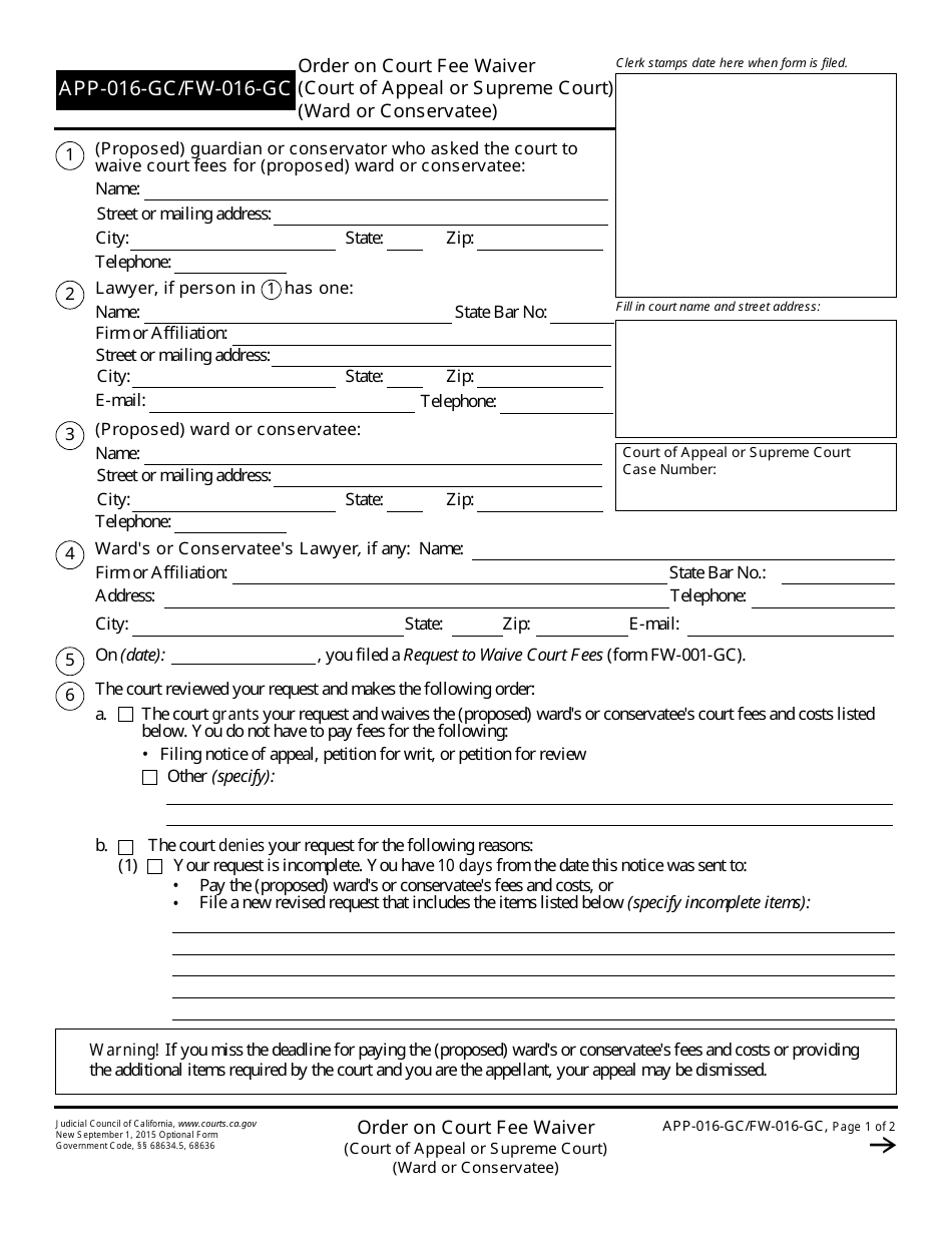 Form APP-016-GC Order on Court Fee Waiver (Ward or Conservatee) - California, Page 1