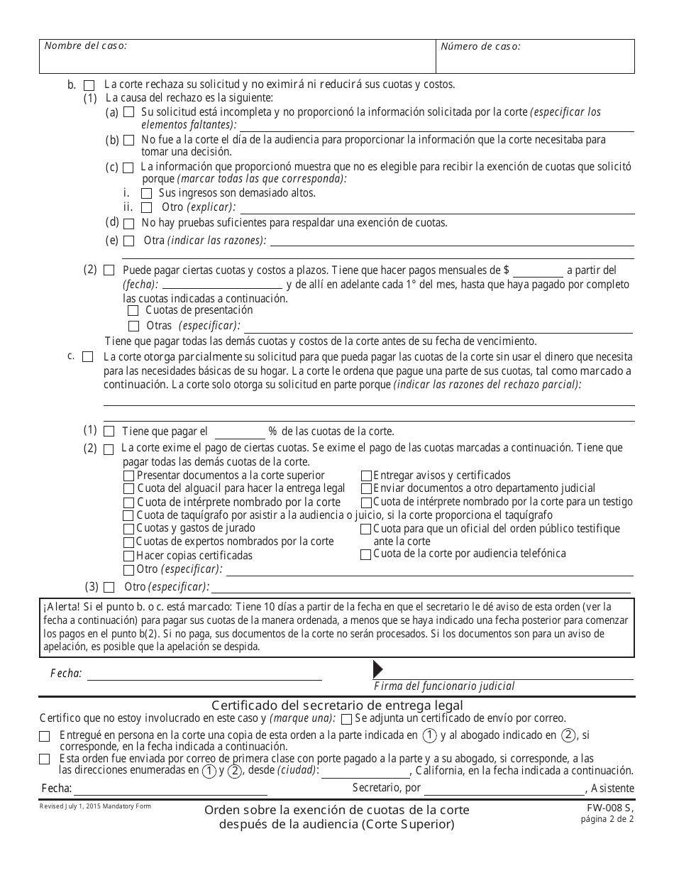 Formulario FW-008 S Orden Sobre La Exencion De Cuotas De La Corte Despues De La Audiencia (Corte Superior) - California (Spanish), Page 2