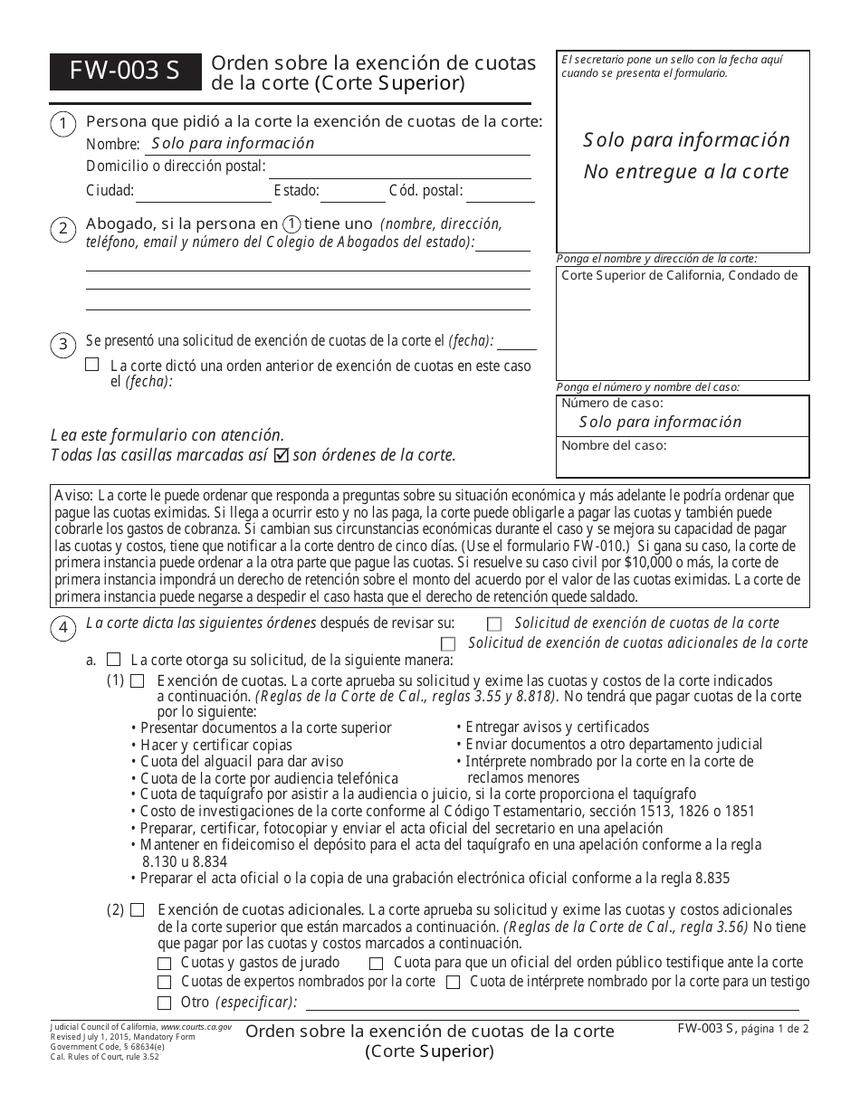 Formulario FW-003 S Orden Sobre La Exencion De Cuotas De La Corte (Corte Superior) - California (Spanish), Page 1