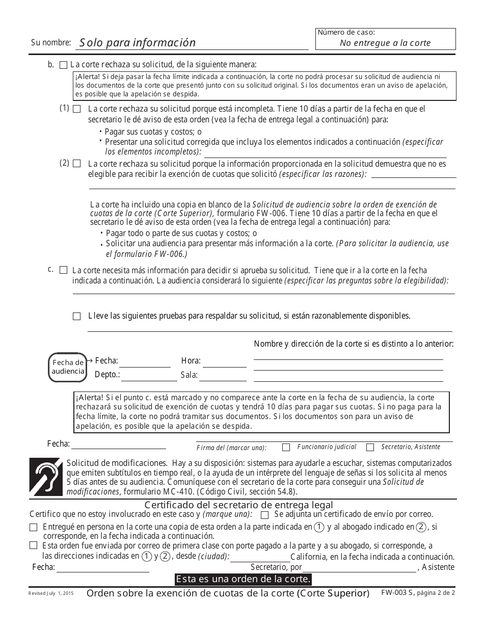 Formulario FW-003 S Orden Sobre La Exencion De Cuotas De La Corte (Corte Superior) - California (Spanish), Page 2