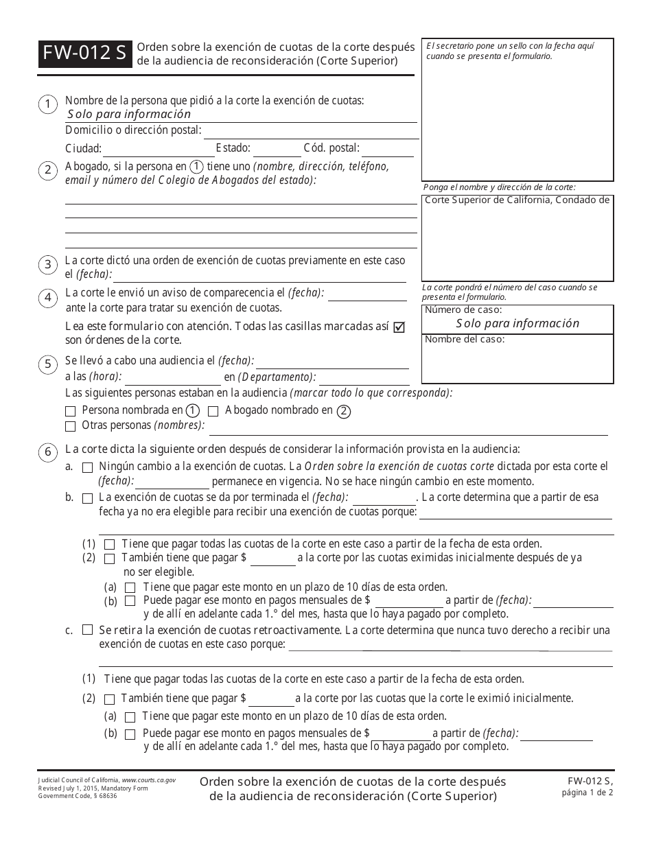Formulario FW-012 S Orden Sobre La Exencion De Cuotas De La Corte Despues De La Audiencia De Reconsideracion - California (Spanish), Page 1