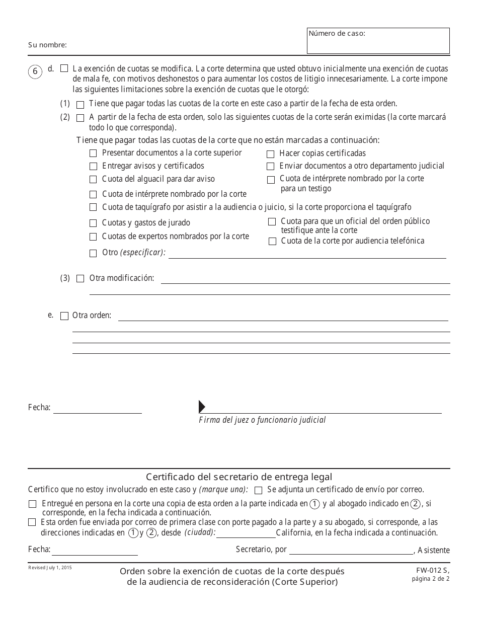 Formulario FW-012 S Orden Sobre La Exencion De Cuotas De La Corte Despues De La Audiencia De Reconsideracion - California (Spanish), Page 2