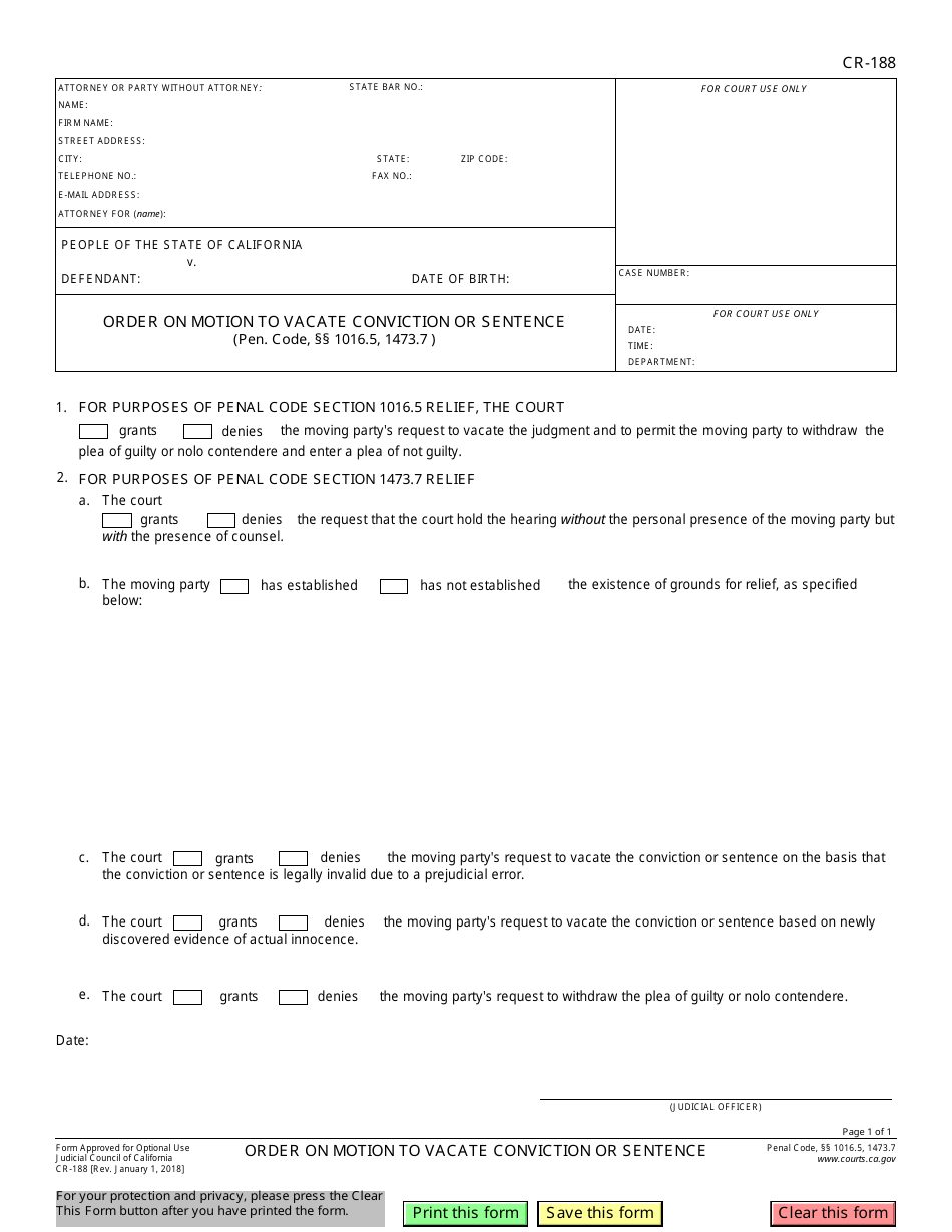 Form CR-188 Order on Motion to Vacate Conviction or Sentence - California, Page 1
