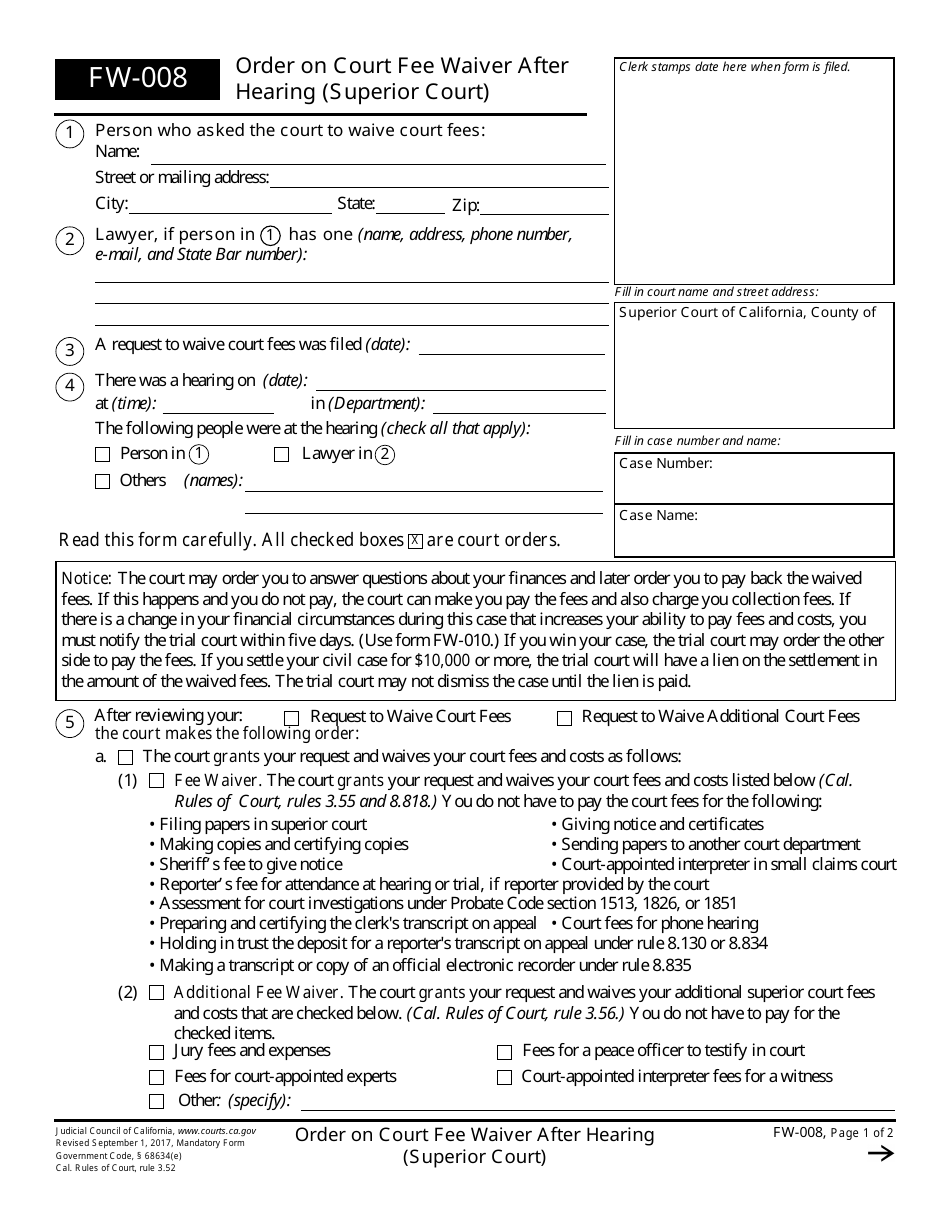 Form FW-008 Order on Court Fee Waiver After Hearing - California, Page 1