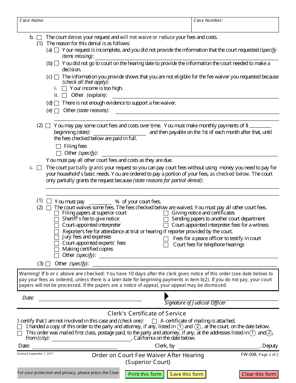 Form FW-008 Order on Court Fee Waiver After Hearing - California, Page 2