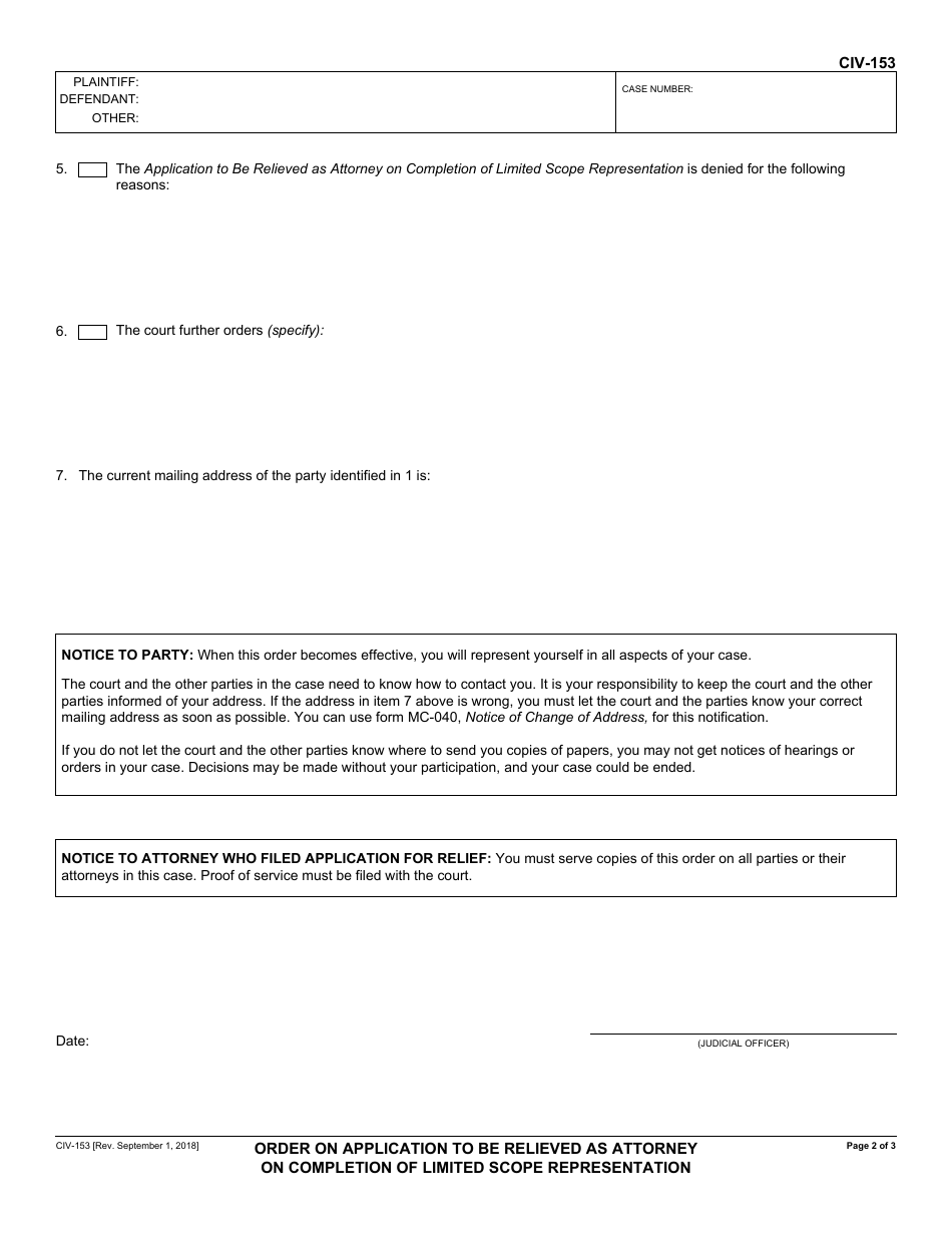 Form CIV-153 Order on Application to Be Relieved as Attorney on Completion of Limited Scope Representation - California, Page 2