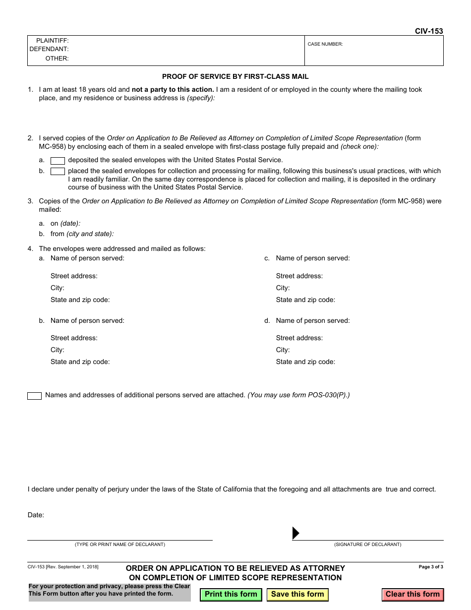 Form CIV-153 Order on Application to Be Relieved as Attorney on Completion of Limited Scope Representation - California, Page 3