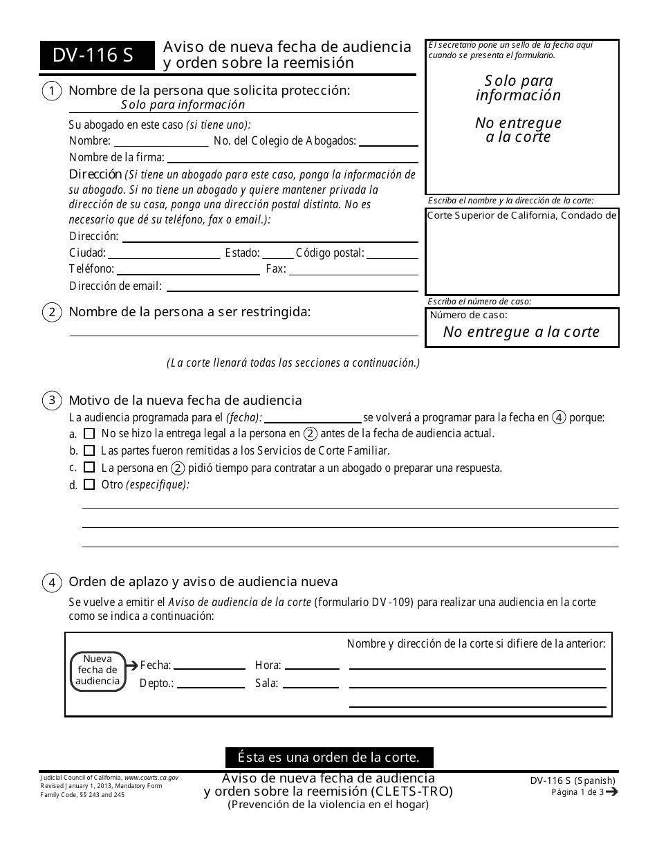 Formulario DV-116 S Aviso De Nueva Fecha De Audiencia Y Orden Sobre La Reemision - California (Spanish), Page 1