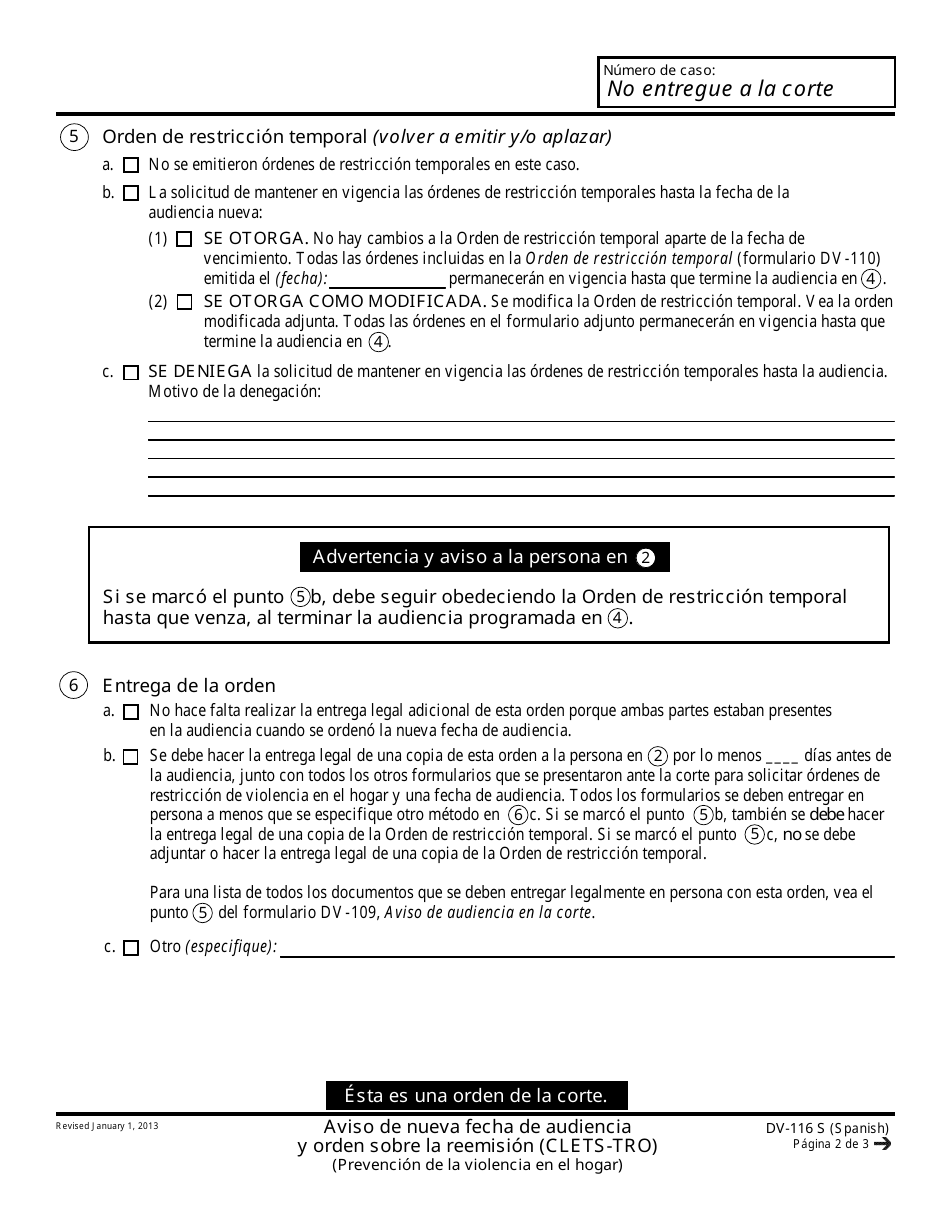Formulario DV-116 S Aviso De Nueva Fecha De Audiencia Y Orden Sobre La Reemision - California (Spanish), Page 2