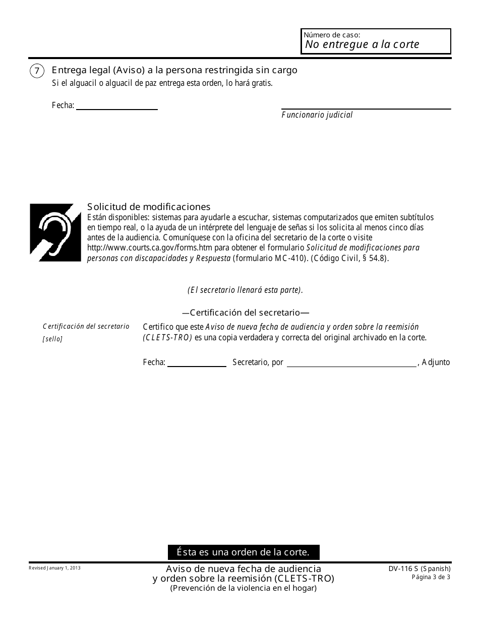 Formulario DV-116 S Aviso De Nueva Fecha De Audiencia Y Orden Sobre La Reemision - California (Spanish), Page 3