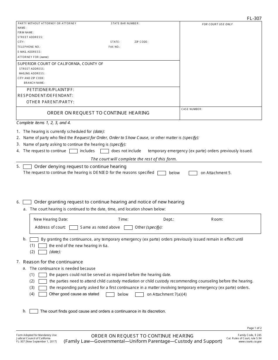 Form FL-307 Order on Request to Continue Hearing - California, Page 1