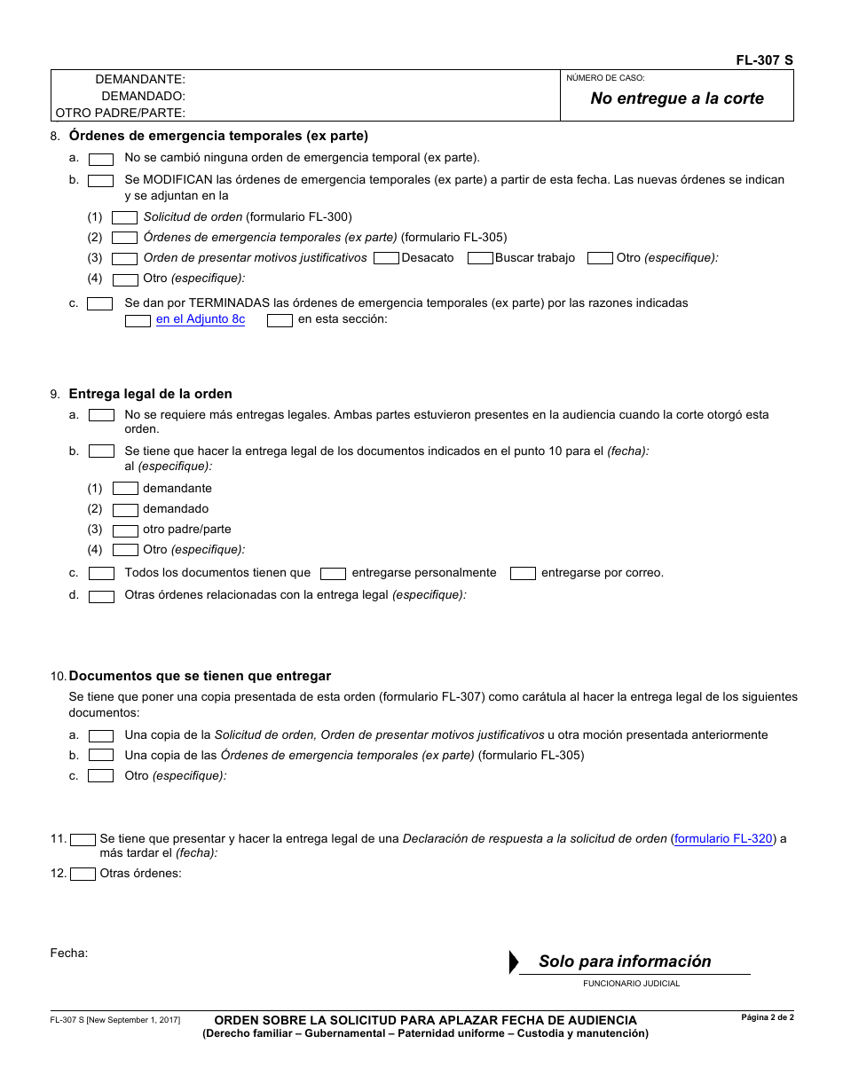 Formulario FL-307 S Orden Sobre La Solicitud Para Aplazar Fecha De Audiencia - California (Spanish), Page 2