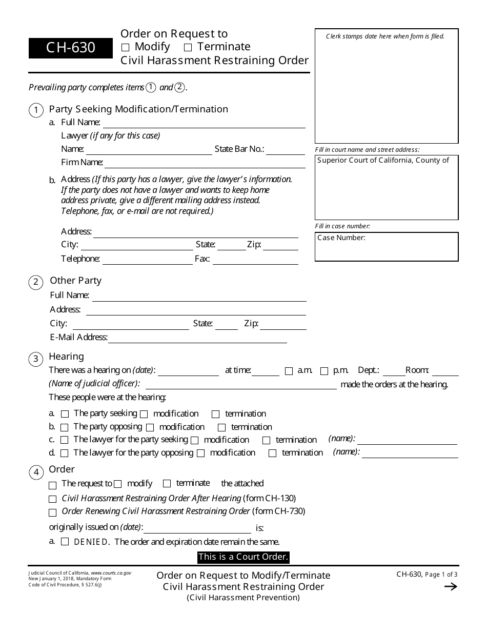 Form CH-630 Order on Request to Modify / Terminate Civil Harassment Restraining Order - California, Page 1