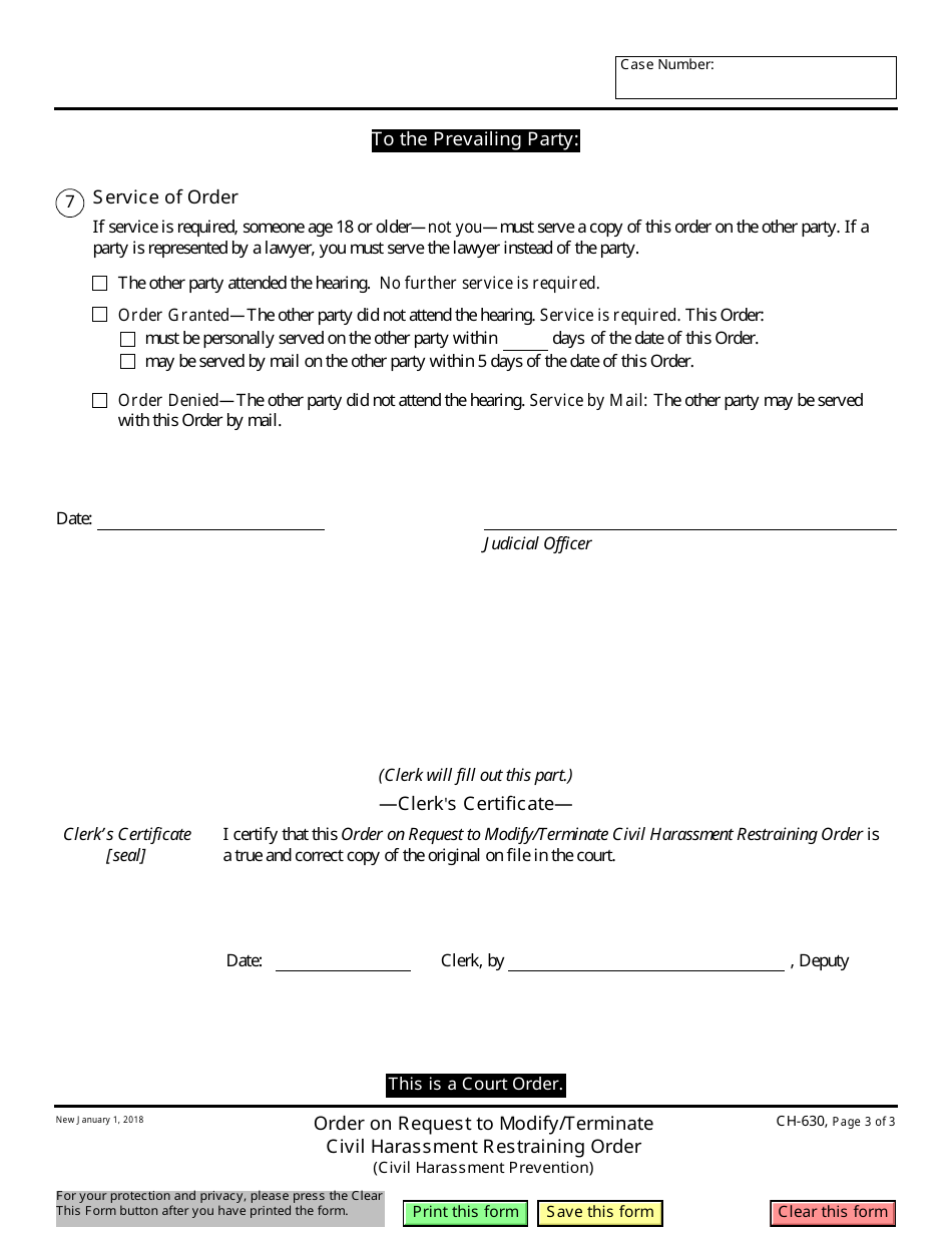 Form CH-630 Order on Request to Modify / Terminate Civil Harassment Restraining Order - California, Page 3