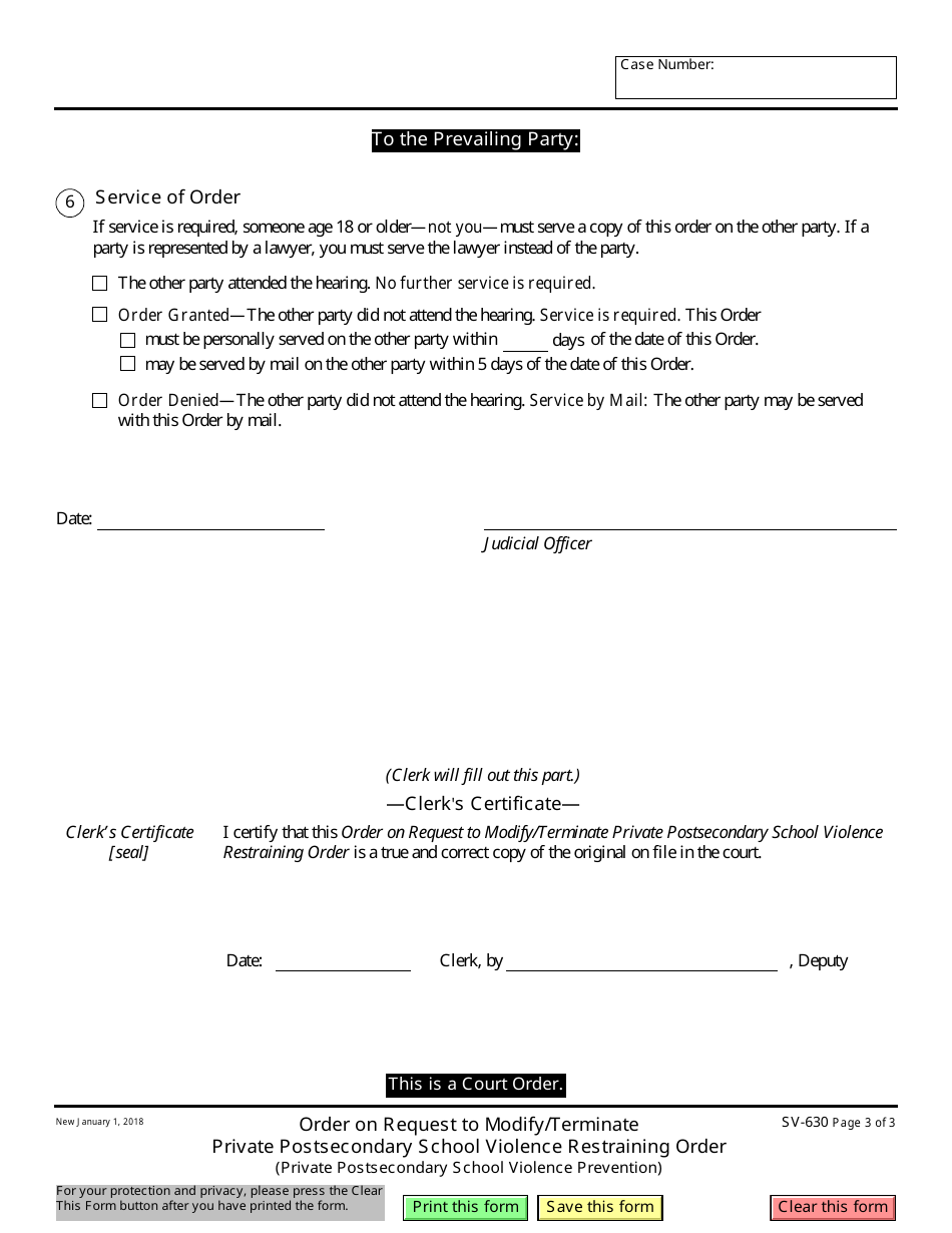 Form SV-630 Order on Request to Modify / Terminate Private Postsecondary School Violence Restraining Order - California, Page 3