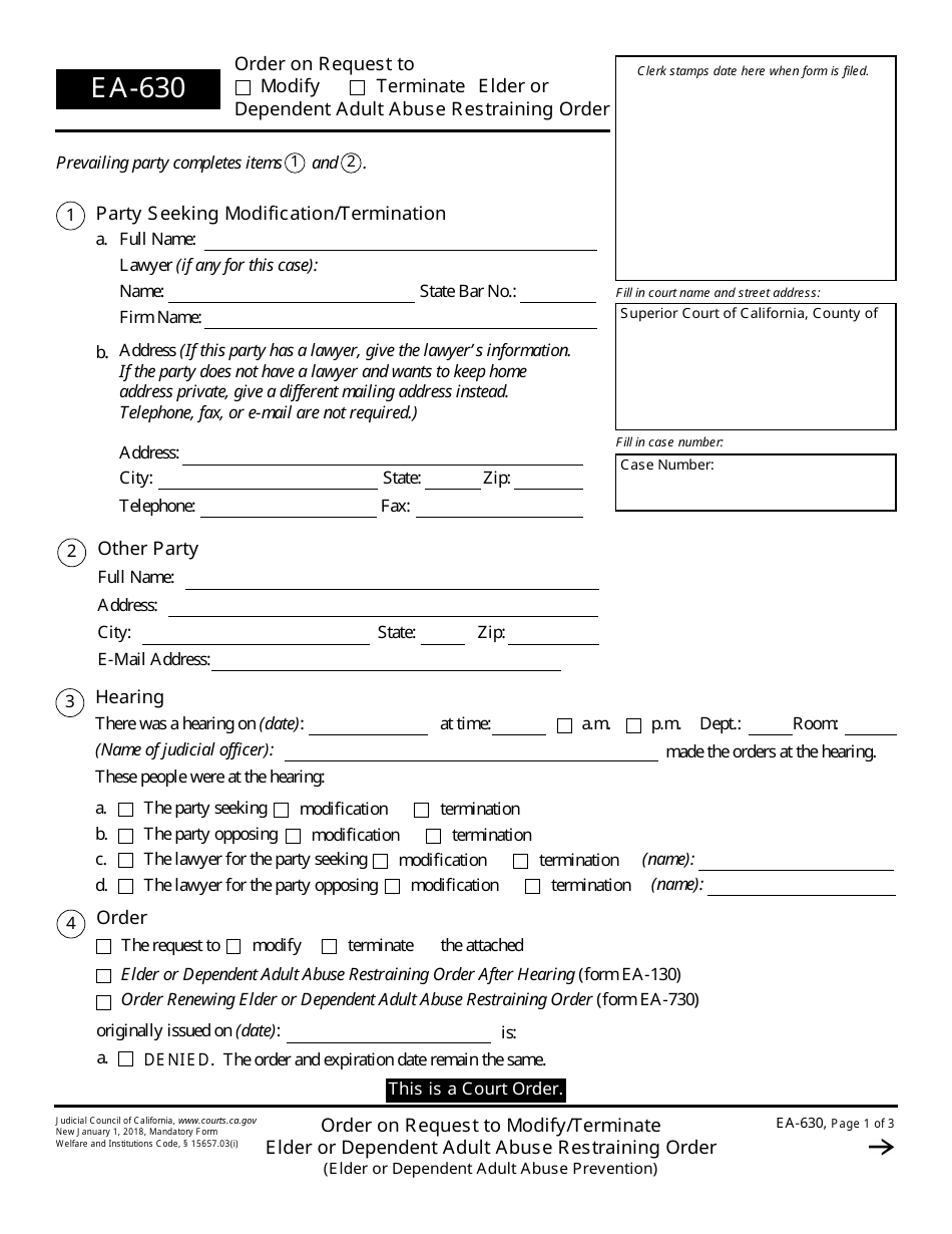 Form EA-630 Order on Request to Modify/Terminate Elder or Dependent Adult Abuse Restraining Order - California, Page 1