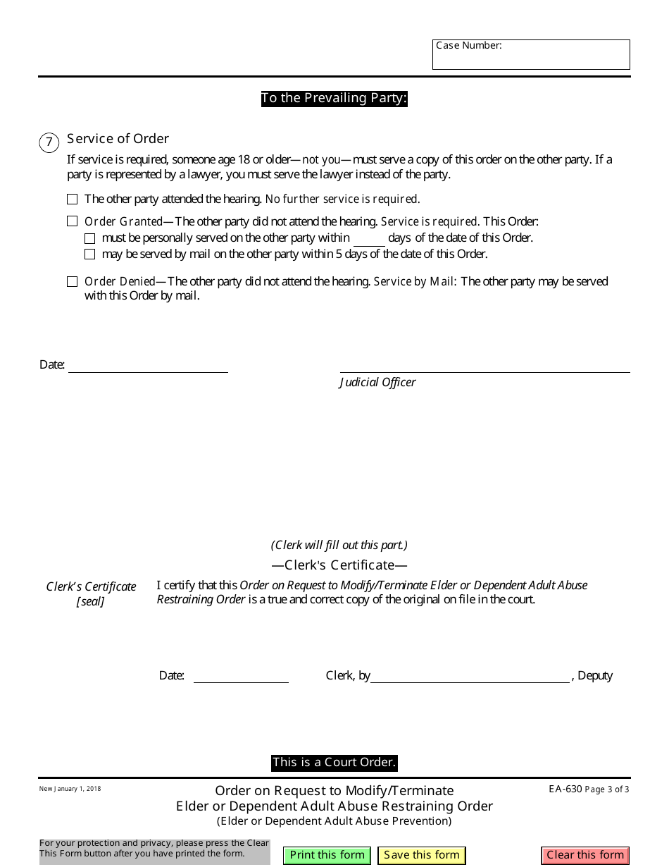 Form EA-630 Order on Request to Modify / Terminate Elder or Dependent Adult Abuse Restraining Order - California, Page 3