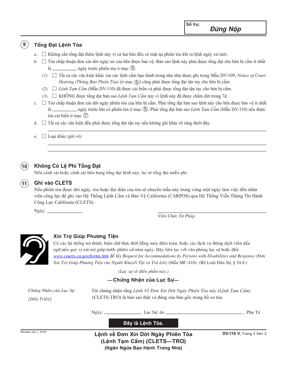 Form DV-116 V Order on Request to Continue Hearing - California (Vietnamese), Page 3