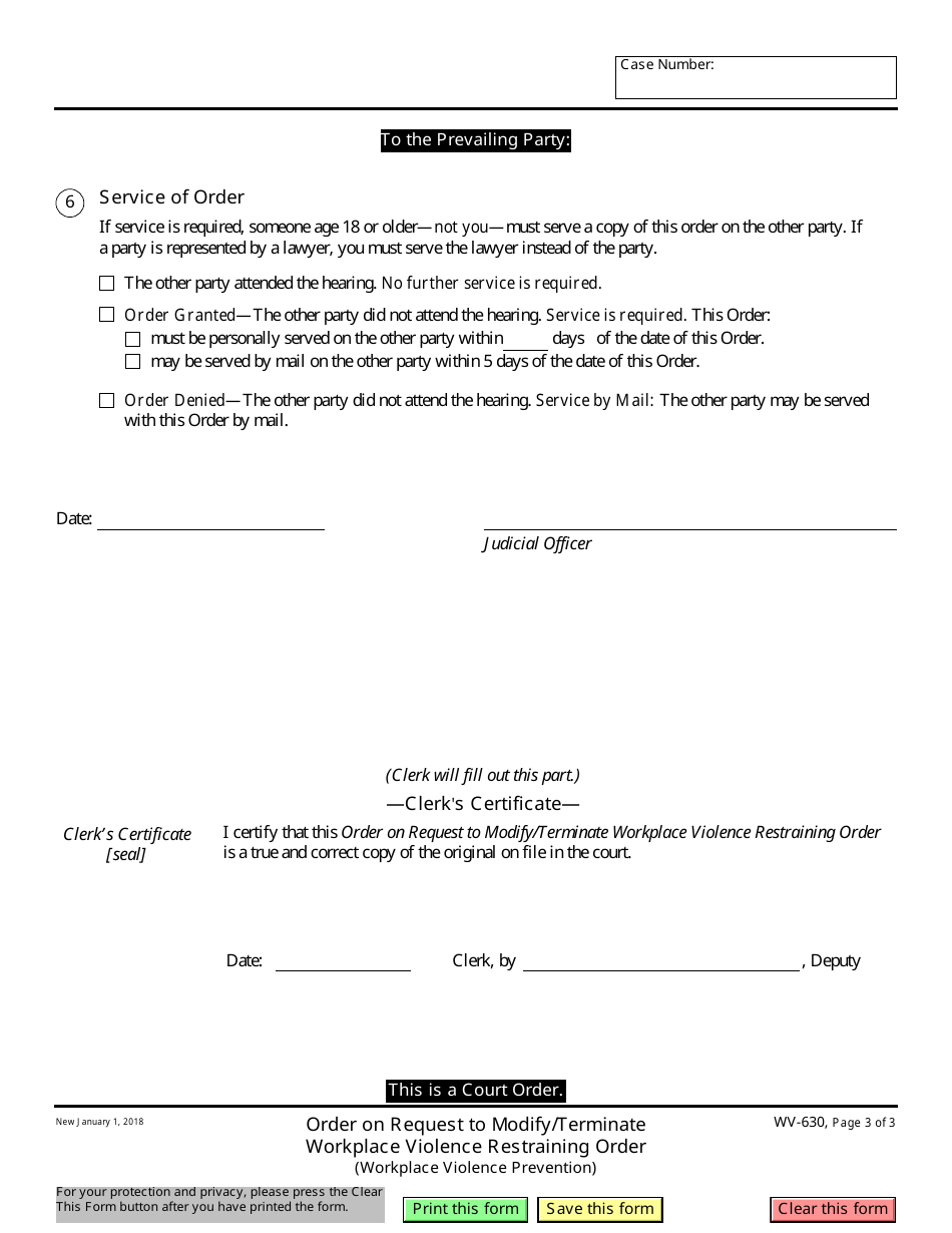 Form WV-630 Order on Request to Modify / Terminate Workplace Violence Restraining Order - California, Page 3