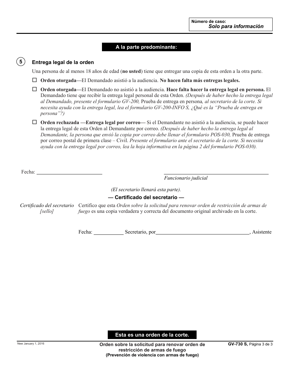 Formulario GV-730 S Orden Sobre La Solicitud Para Renovar Orden De Restriccion De Armas De Fuego - California (Spanish), Page 3