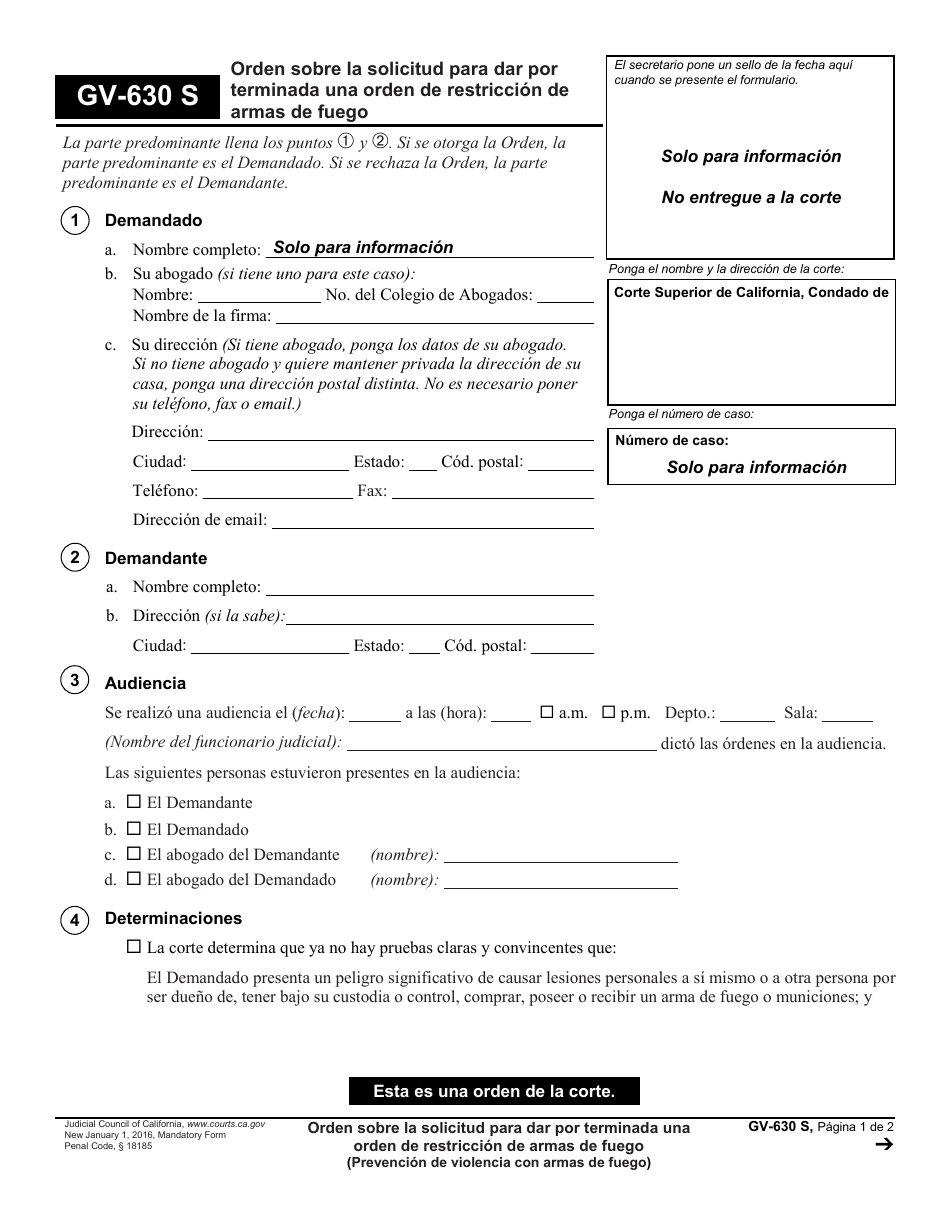 Formulario GV-630 S Orden Sobre La Solicitud Para Dar Por Terminada Una Orden De Restriccion De Armas De Fuego - California (Spanish), Page 1