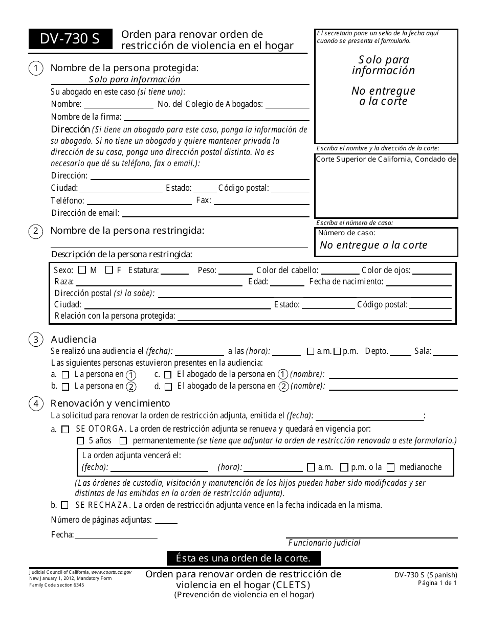 Formulario DV-730 S Orden Para Renovar Orden De Restriccion De Violencia En El Hogar - California (Spanish), Page 1