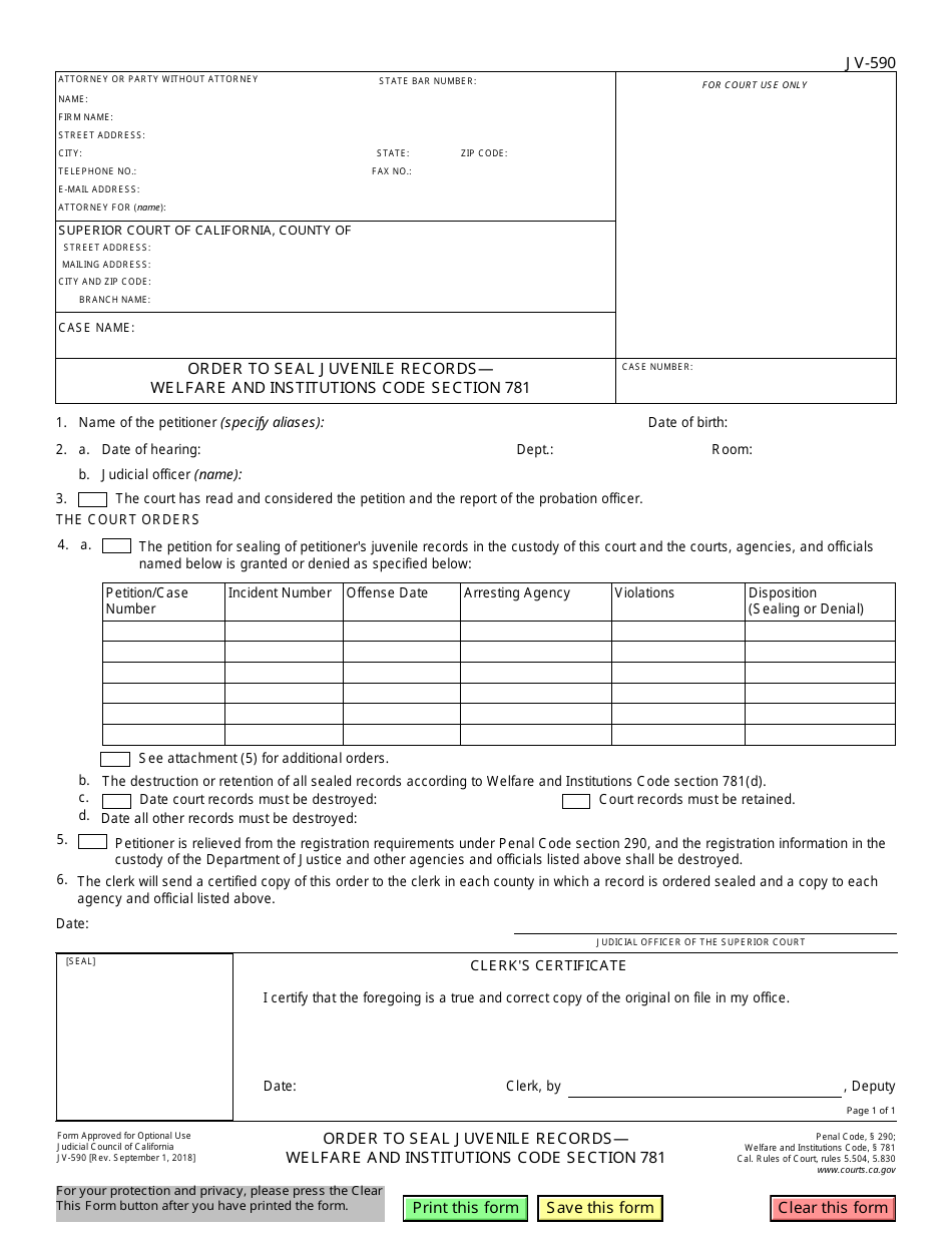 Form JV-590 Order to Seal Juvenile Recordswelfare and Institutions Code Section 781 - California, Page 1
